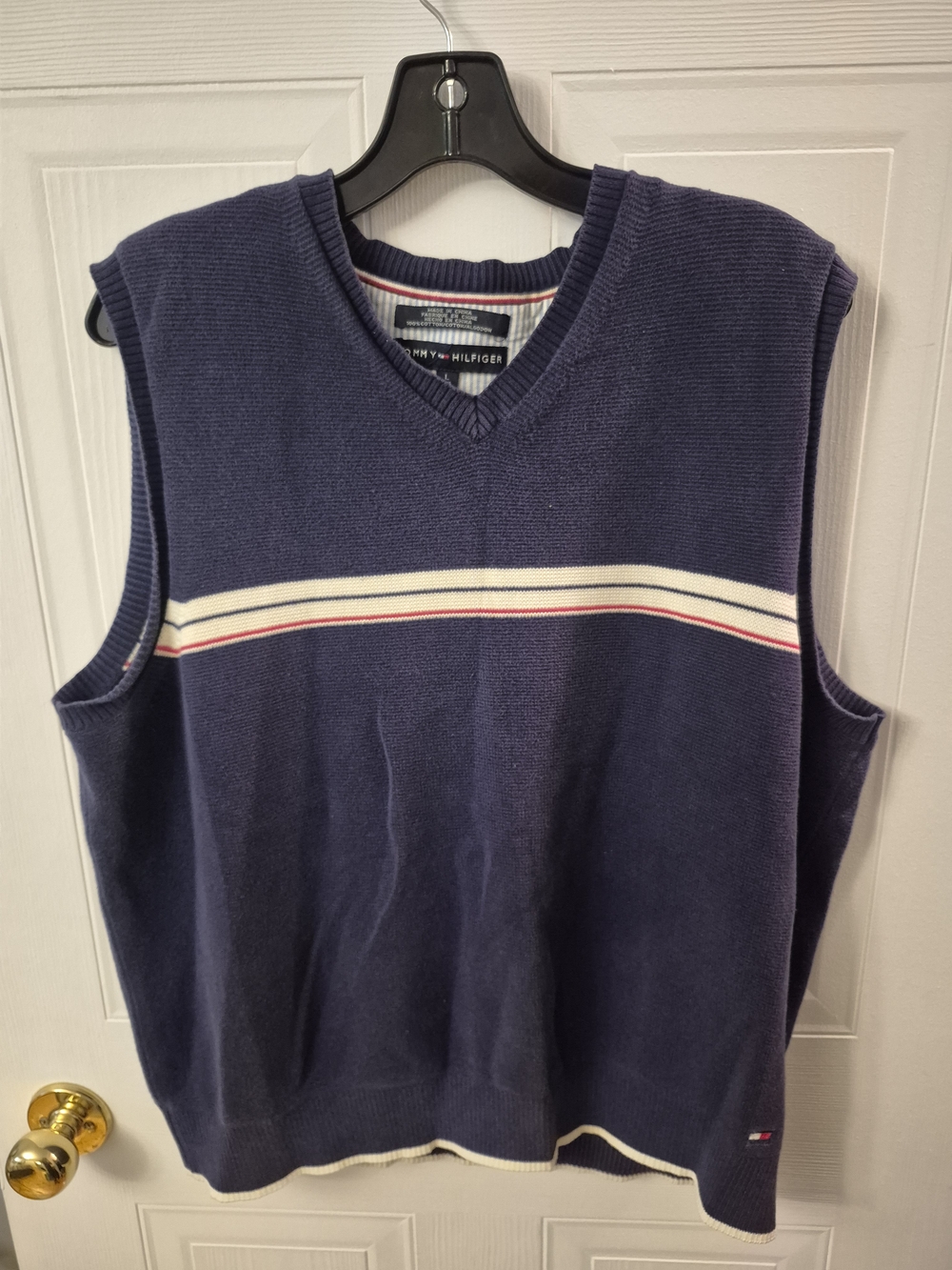 Vintage Tommy Hilfiger Sweater Vest Navy Blue Striped Mens Large 90s Preppy